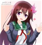  1girl blue_jacket brown_hair crescent crescent_pin dated green_sailor_collar hair_ornament highres jacket kantai_collection kisaragi_(kancolle) kisaragi_kai_ni_(kancolle) kisaragi_mizuto long_hair looking_at_viewer neckerchief one-hour_drawing_challenge purple_eyes red_neckerchief sailor_collar school_uniform serafuku smile solo twitter_username 