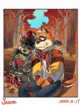  2022 anthro autumn bench bottomwear brown_body canid canine canis clothing detailed_background domestic_dog duo eyewear glasses hat headgear headwear hi_res hoodie humanoid_hands kemono leaf leaning male male/male mammal outside pants shirt sitting topwear yazoe 