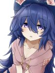  1girl bangs blue_bow blue_hair bow breasts cleavage collarbone commentary debt eyebrows_visible_through_hair grey_sweater hair_between_eyes hair_bow highres hood hoodie long_hair looking_at_viewer open_mouth purple_eyes short_sleeves simple_background solo sweater touhou tyouseki upper_body yorigami_shion 