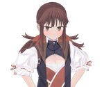  1girl bangs blush brown_hair closed_mouth commentary_request dress falcon_(girls&#039;_frontline) girls&#039;_frontline long_hair red_eyes ribbon saiy0u sidelocks simple_background solo upper_body white_background 