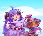  1boy 1girl :3 ahoge artist_name bangs blue_hair day eyebrows_visible_through_hair fur_trim hat heart horns hug lamb_(league_of_legends) league_of_legends long_hair long_sleeves mushroom official_alternate_costume outdoors pink_eyes pointy_ears red_hair shiny shiny_hair smile spirit_blossom_(league_of_legends) spirit_blossom_kindred spirit_blossom_teemo teemo vmat wolf_(league_of_legends) yordle 