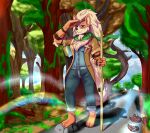  2022 anthro arcanine barefoot blue_eyes brooch chest_tuft clothing dennhaze detailed_background feet forest fur hair hand_on_head hi_res long_hair magic male mane nintendo paws plant pok&eacute;mon pok&eacute;mon_(species) road scarf signature solo striped_body striped_fur stripes tree tuft video_games walking_stick white_mane 