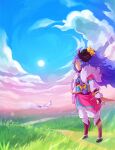  1girl ahoge alternate_hair_color alternate_hairstyle bangs braid cloud cloudy_sky curled_horns day flower from_side full_body grass hair_between_eyes hair_flower hair_ornament horns kindred_(league_of_legends) lamb_(league_of_legends) league_of_legends long_hair looking_to_the_side obi official_alternate_costume outdoors sash sky solo_focus spirit_blossom_(league_of_legends) spirit_blossom_kindred standing sun vmat wolf_(league_of_legends) yellow_flower 