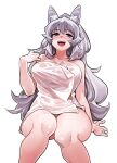  1girl absurdres animal_ear_fluff animal_ears arm_up bangs blue_eyes blush breasts collarbone commentary_request eyebrows_visible_through_hair feet_out_of_frame fukumaaya highres indie_virtual_youtuber large_breasts long_hair looking_at_viewer lumi_(merryweather) naked_towel open_hand open_mouth sharp_teeth simple_background sitting smile solo sweat tareme teeth thick_thighs thighs towel virtual_youtuber white_background wolf_ears wolf_girl 