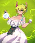  1girl alternate_costume alternate_hairstyle bare_shoulders blue_hair blush bracelet breasts cleavage closed_mouth collarbone cup dragon_girl dragon_horns dress drinking_glass eyebrows_visible_through_hair gradient_hair green_eyes green_hair heterochromia highres holding holding_cup horns jewelry kobayashi-san_chi_no_maidragon large_breasts looking_at_viewer lucoa_(maidragon) multicolored_hair off-shoulder_dress off_shoulder ryou_sakai short_hair smile solo white_dress 