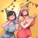  2girls ahoge animal_ears blush bonnie_(bunny_gif) breasts brown_hair bunny_ayumi cleavage closed_eyes closed_mouth eating eyebrows_visible_through_hair food hat heart heart-shaped_pupils highres holding holding_food indie_virtual_youtuber large_breasts long_hair looking_at_viewer multiple_girls orange_hair party_hat pink_eyes pizza rabbit_ears rabbit_girl rabbit_tail real_life ryou_sakai short_hair smile symbol-shaped_pupils tail virtual_youtuber 