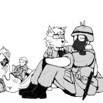  anthro calhoun_(wartorn) canid canine clothed clothing deezchief faun_(wartorn) female fur group hair hi_res holding_object human humanoid jackson_vonhue_(wartorn) male mammal monochrome simple_background smile wartorn 