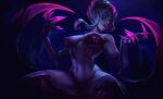  1girl bangs biting black_background black_skin breasts claws colored_skin evelynn_(league_of_legends) glowing glowing_eyes hair_between_eyes hands_up highres large_breasts league_of_legends lip_biting long_hair looking_at_viewer navel pink_hair purple_skin shiny shiny_skin short_hair smile solo squatting stootato_(crownsforkings) thighhighs 