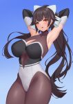  1girl absurdres armpits azur_lane bangs black_hair black_legwear blunt_bangs bodystocking bow breasts brown_eyes cleavage_cutout clothing_cutout cowboy_shot elbow_gloves eyebrows_visible_through_hair gloves hair_flaps highres large_breasts long_hair looking_at_viewer multicolored_leotard pantyhose pinkcap ponytail presenting_armpit race_queen ribbon solo takao_(azur_lane) takao_(full_throttle_charmer)_(azur_lane) two-tone_leotard white_bow white_ribbon 