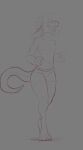  3_toes 4_fingers anthro briefs clothing curled_horns digitigrade featureless_chest feet fingers grey_background hair hi_res kobold kolu_(koluthings) koluthings long_ears looking_up male navel open_mouth raised_arms short_hair simple_background sketch solo standing teeth toes underwear 