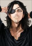  1boy arms_behind_head bangs black_eyepatch black_eyes black_hair black_shirt boku_no_hero_academia collarbone eraser_head_(boku_no_hero_academia) eyepatch facial_hair grey_background long_hair long_sleeves male_focus mkm_(mkm_storage) parted_bangs portrait shirt signature simple_background solo spoilers stubble 