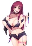  1girl bare_shoulders breasts choker cleavage collarbone cowboy_shot earrings eyebrows fang forehead green_eyes hair_between_eyes hair_in_mouth hair_over_shoulder hand_on_hip heart heart_choker highres holding holding_hair holding_knife huge_breasts jewelry katarina_(league_of_legends) knife league_of_legends long_hair mixed-language_commentary navel off_shoulder open_clothes open_mouth popoman red_hair scar scar_across_eye shiny shiny_skin short_shorts shorts simple_background solo tattoo thigh_gap tongue tongue_out white_background 