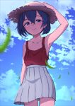  1girl adapted_costume bare_arms bare_shoulders black_hair blue_eyes blush cloud commentary_request cowboy_shot eyebrows_visible_through_hair grass grey_skirt hand_on_headwear helmet highres kaban_(kemono_friends) kemono_friends looking_at_viewer pith_helmet pleated_skirt red_shirt shirt short_hair skirt sky sleeveless solo tank_top yakorou-san 