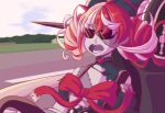  1girl ahoge blurry bow car day eyebrows_visible_through_hair fangs ground_vehicle hololive hololive_indonesia jeremy_clarkson kureiji_ollie medium_hair meme motor_vehicle multicolored_hair open_mouth outdoors red_bow red_hair solo sunglasses teeth top_gear virtual_youtuber white_hair zetxune 