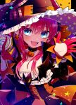  1girl bangs black_legwear blue_eyes blush breasts candy curled_horns detached_sleeves dragon_horns dress elizabeth_bathory_(fate) elizabeth_bathory_(halloween_caster)_(fate) fate/grand_order fate_(series) food halloween halloween_costume hands_up hat hat_ornament holding holding_candy holding_food holding_lollipop horns lollipop long_hair looking_at_viewer moru00f open_mouth pink_hair pointy_ears ribbon small_breasts smile solo star_(symbol) star_hat_ornament striped striped_dress type-moon vertical_stripes witch_hat 