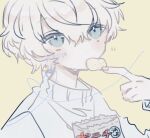  1boy blue_eyes blush chips eating food looking_at_viewer male_focus original pale_skin reya silver_hair 