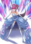  1girl angry bangs blue_eyes choker collarbone corset crinoline curly_hair detached_sleeves dragon_girl dragon_horns dragon_tail dress elizabeth_bathory_(cinderella_rider)_(fate) elizabeth_bathory_(fate) elizabeth_bathory_(fate/extra_ccc) fate/grand_order fate_(series) gloves hair_between_eyes hair_ornament high_heels highres horns kushiro_h open_mouth pink_hair pointy_ears sidelocks sleeveless sleeveless_dress solo tail thighhighs tiara white_dress 