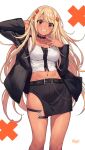  1girl bangs belt black_choker black_jacket black_nails black_skirt blonde_hair breasts brown_eyes chain choker collarbone commentary_request dark-skinned_female dark_skin grin gyaru hair_ornament hairclip highres jacket kaminari_qpi kurebayashi_noe long_hair long_sleeves looking_at_viewer medium_breasts midriff nail_polish navel open_clothes open_jacket parted_lips simple_background skirt smile solo swept_bangs thigh_strap very_long_hair virtual_youtuber vspo! white_background 