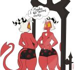  2_horns artbyyellowdog big_butt bulge butt clothed clothing demon freackels helluva_boss hi_res horn imp love_handles male moxxie_(helluva_boss) pentagram pointy_tail red_body solo thick_thighs underwear underwear_only wide_hips yellow_sclera 