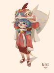  1girl absurdres alternate_costume bangs blue_eyes character_name closed_mouth commentary_request full_body green_hair hair_ornament highres hood hood_up league_of_legends living_shadow long_sleeves sandals short_hair skirt solo_focus standing translation_request vex_(league_of_legends) yordle zhi_shai_er 