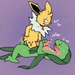  1:1 absurd_res anal anal_penetration anthro argon_vile bodily_fluids canid collar cowgirl_position digital_media_(artwork) duo eeveelution english_text erection fan_character feral from_front_position fur genital_fluids genitals grovyle handjob hi_res jolteon male male/male male_penetrated male_penetrating male_penetrating_male mammal moan monster_mind nintendo nude on_bottom on_top open_mouth penetration penile penile_penetration penis pok&eacute;mon pok&eacute;mon_(species) precum reptile scalie sex simple_background sweat text tongue tongue_out two-handed_handjob video_games 