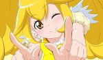  1girl bangs blonde_hair bow closed_mouth collarbone cure_peace eyebrows_visible_through_hair fuchi_(nightmare) kise_yayoi looking_at_viewer magical_girl one_eye_closed precure puffy_short_sleeves puffy_sleeves short_sleeves simple_background smile smile_precure! solo upper_body wide_ponytail yellow_background yellow_bow yellow_eyes 