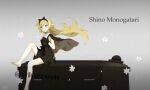  1girl absurdres bakemonogatari bangs barefoot black_dress black_ribbon blonde_hair bow cape casket coffin dress feet flower fooring gloves hair_bow hair_ornament hat highres lily_(flower) long_hair monogatari_(series) oshino_shinobu pointy_ears ribbon sitting soles solo watermark yellow_eyes 