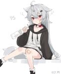  1girl ahoge alcohol animal_collar animal_ears arm_support bandaid bandaid_on_knee blush bottle collar dated drawstring fenrir_(fenriluuu) grey_hair hair_between_eyes highres holding holding_bottle hood hoodie long_hair nose_blush original red_collar red_eyes rir-chan sitting sketch solo sweat tail very_long_hair vodka wolf_ears wolf_girl wolf_tail 