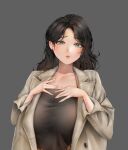  1girl absurdres black_hair black_tank_top blush breasts closed_mouth coat commentary_request gdhs green_eyes grey_background grey_coat hair_behind_ear halterneck hands_on_own_chest highres large_breasts long_hair looking_at_viewer mature_female tank_top warship_girls_r 