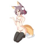  1girl animal_ear_fluff animal_ears arms_up bikini black_legwear blue_archive blush breasts brown_eyes brown_hair fang fox_ears fox_girl fox_tail highres izuna_(blue_archive) man_oursk navel no_shoes open_mouth short_hair simple_background small_breasts smile solo swimsuit tail thighhighs thighs white_background white_bikini 
