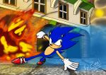  absurd_res anthro blue_body clothing digital_media_(artwork) eulipotyphlan explosion footwear gloves green_eyes handwear hedgehog hi_res male mammal red_clothing red_footwear red_shoes ronai_fox sega shoes solo sonic_the_hedgehog sonic_the_hedgehog_(series) 