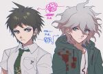  2boys ahoge badge bangs breast_pocket brown_eyes collarbone collared_shirt danganronpa_(series) danganronpa_2:_goodbye_despair eyebrows_visible_through_hair frown green_jacket green_necktie grey_background grey_hair hair_between_eyes harami_(qz48lr) highres hinata_hajime hood hood_down hooded_jacket jacket komaeda_nagito male_focus medium_hair multiple_boys necktie open_clothes open_jacket pocket print_shirt shiny shiny_hair shirt short_hair short_sleeves simple_background translation_request white_shirt 