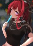  1girl absurdres arknights black_choker black_shirt blurry blurry_background blush breasts choker cross cross_necklace eating food highres holding holding_food horns jewelry long_hair looking_at_viewer medium_breasts navel necklace official_alternate_costume phoeni_ir popsicle purple_eyes red_hair shirt short_sleeves smile solo surtr_(arknights) surtr_(liberte_echec)_(arknights) sword upper_body weapon 