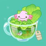  animal animal_focus aqua_background artist_name axolotl black_eyes closed_mouth commentary cup drinking_glass english_commentary gills glass looking_at_viewer no_humans original partially_submerged pikaole plant shrimp simple_background smile submerged water water_lettuce 