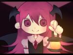  1girl bangs bat_wings black_vest blush chibi dark_background eyebrows_visible_through_hair fang fang_out hair_between_eyes hand_up head_wings holding holding_lantern juliet_sleeves koakuma lantern letterboxed light long_hair long_sleeves looking_at_viewer necktie puffy_sleeves purple_background red_eyes red_hair red_necktie shirt simple_background smile solo touhou tsugomori_(remilia0398) upper_body vest white_shirt wing_collar wings 