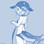  1girl alternate_costume bare_arms bare_legs bare_shoulders bikini blowhole bow cowboy_shot dolphin_girl dolphin_tail embarrassed from_behind hair_bow highres inada_roku kemono_friends looking_at_viewer looking_back monochrome narwhal_(kemono_friends) short_hair_with_long_locks sidelocks solo swimsuit tail tail_through_clothes 