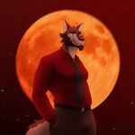  anthro belt canid canine canis clothing dress_pants dress_shirt facial_hair looking_at_viewer male mammal moon necktie olive_(olivepup_00) olivepup_00 shirt solo topwear wolf 