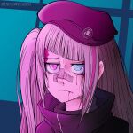  1girl bandaid bandaid_on_nose beret black_headwear black_jacket blade_runner_2049 blood blood_on_face blue_eyes girls&#039;_frontline hat heterochromia highres indio_weeaboo jacket mdr_(girls&#039;_frontline) multicolored_hair parody pink_eyes side_ponytail streaked_hair white_hair 