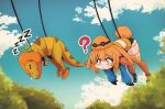  1girl ? animal_ears black_shorts bonnie_(bunny_gif) closed_mouth day dinosaur eyebrows_visible_through_hair highres indie_virtual_youtuber looking_away micro_shorts orange_eyes orange_hair orange_legwear outdoors rabbit_ears rabbit_girl rabbit_tail ryou_sakai short_hair shorts sleeping solo tail thighhighs virtual_youtuber zzz 