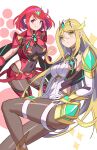  back-seamed_legwear bangs black_legwear blonde_hair bob_cut breasts clothing_cutout dress fingerless_gloves front-seamed_legwear gloves highres jewelry large_breasts legwear_under_shorts long_hair miniskirt mythra_(massive_melee)_(xenoblade) mythra_(xenoblade) pantyhose pyra_(xenoblade) red_eyes red_hair red_shorts seamed_legwear short_dress short_hair short_shorts short_sleeves shorts skirt sleeveless spiffydc super_smash_bros. swept_bangs thigh_strap thighhighs thighhighs_over_pantyhose tiara very_long_hair white_dress white_skirt xenoblade_chronicles_(series) xenoblade_chronicles_2 yellow_eyes 