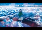  1girl amemura_(caramelo) bangs coat commentary_request earmuffs frozen_lake fur_collar green_coat green_eyes hands_in_pockets ice looking_at_viewer medium_hair mountainous_horizon original scenery snow snowing standing 