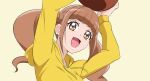  1girl arms_up bangs brown_eyes brown_hair drawstring fuchi_(nightmare) healin&#039;_good_precure hiramitsu_hinata hood hood_down hoodie long_hair long_sleeves looking_at_viewer open_mouth precure simple_background smile solo twintails upper_body yellow_background yellow_hoodie 