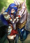  1girl armor armored_dress black_gloves blue_hair boots caeda_(fire_emblem) closed_eyes dress elbow_gloves eyebrows_visible_through_hair feathered_wings fingerless_gloves fire_emblem fire_emblem:_mystery_of_the_emblem gloves hairband highres horns horse ippers long_hair looking_down pegasus pegasus_knight_uniform_(fire_emblem) red_dress simple_background single_horn smile solo thigh_boots thighhighs very_long_hair winged_unicorn wings zettai_ryouiki 