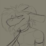  anthro brown_background bust_portrait collar curled_horns featureless_chest forked_tongue hair kobold kolu_(koluthings) koluthings leash long_ears male portrait short_hair simple_background sketch smile solo tongue 