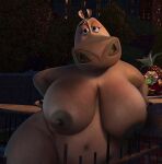  anthro belly big_breasts big_nipples breasts building common_hippopotamus dreamworks female fence food fruit gloria_the_hippopotamus grey_body half-closed_eyes hands_on_hips hi_res hippopotamid huge_breasts looking_at_viewer madagascar_(series) mammal narrowed_eyes navel nipples nude outside pineapple plant solo tree venjiiart wide_hips 
