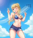  1girl aircraft airplane alternate_costume american_flag_bikini bikini blue_eyes blue_sky blush breasts cleavage contrail contrapposto denim denim_shorts double_v flag_print from-behind highres k-on! kotobuki_tsumugi long_hair medium_breasts midriff navel one_eye_closed ponytail short_shorts shorts sidelocks sky smile solace solo swimsuit teeth thighs upper_teeth v 