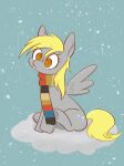  absurd_res blonde_hair cloud cutie_mark derpy_hooves_(mlp) equid equine eyelashes feral friendship_is_magic grey_body hair hasbro hi_res mammal my_little_pony noupu1115 orange_eyes pegasus scarf sitting snow snowing tongue tongue_out wings yellow_tail 
