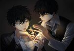  2boys bangs black_background black_hair black_jacket black_vest blue_eyes blue_necktie blue_neckwear cigarette collared_shirt cup dress_shirt earrings hair_between_eyes hanagaki_takemichi hand_up highres holding holding_cup holding_lighter jacket jewelry lighter long_sleeves male_focus matsuno_chifuyu mouth_hold multiple_boys necktie pago0024 shirt short_hair single_earring tokyo_revengers upper_body vest white_shirt 