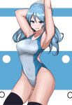  1girl absurdres arm_behind_back arm_up black_legwear blue_eyes blue_hair breasts collarbone competition_swimsuit cowboy_shot double_bun eyebrows_visible_through_hair hair_between_eyes hat highres kantai_collection large_breasts looking_at_viewer one-piece_swimsuit open_mouth sailor_hat solo swimsuit thighhighs tokiwa_senkei two-tone_background two-tone_swimsuit urakaze_(kancolle) 