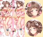  1girl animal_ears arknights bare_legs barefoot bikini blush breasts brown_hair cleavage closed_mouth collarbone commentary dakimakura_(medium) eyjafjalla_(arknights) eyjafjalla_(summer_flowers)_(arknights) flower frilled_bikini frills from_above full_body hair_bun hair_flower hair_ornament hair_rings hand_on_own_chest highres holding holding_staff horns infection_monitor_(arknights) knee_up long_hair looking_at_viewer lying medium_breasts midriff multiple_views official_alternate_costume on_back on_bed parted_lips pink_bikini pink_eyes pink_flower plaid plaid_bikini sample_watermark sheep_ears sheep_horns side_bun staff swimsuit thigh_gap thigh_strap thighs zi_tong_zhi_lei 